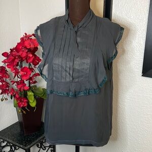 Valentino Grey Sheer Lace Trim Silk Cap Sleeve Blouse S
